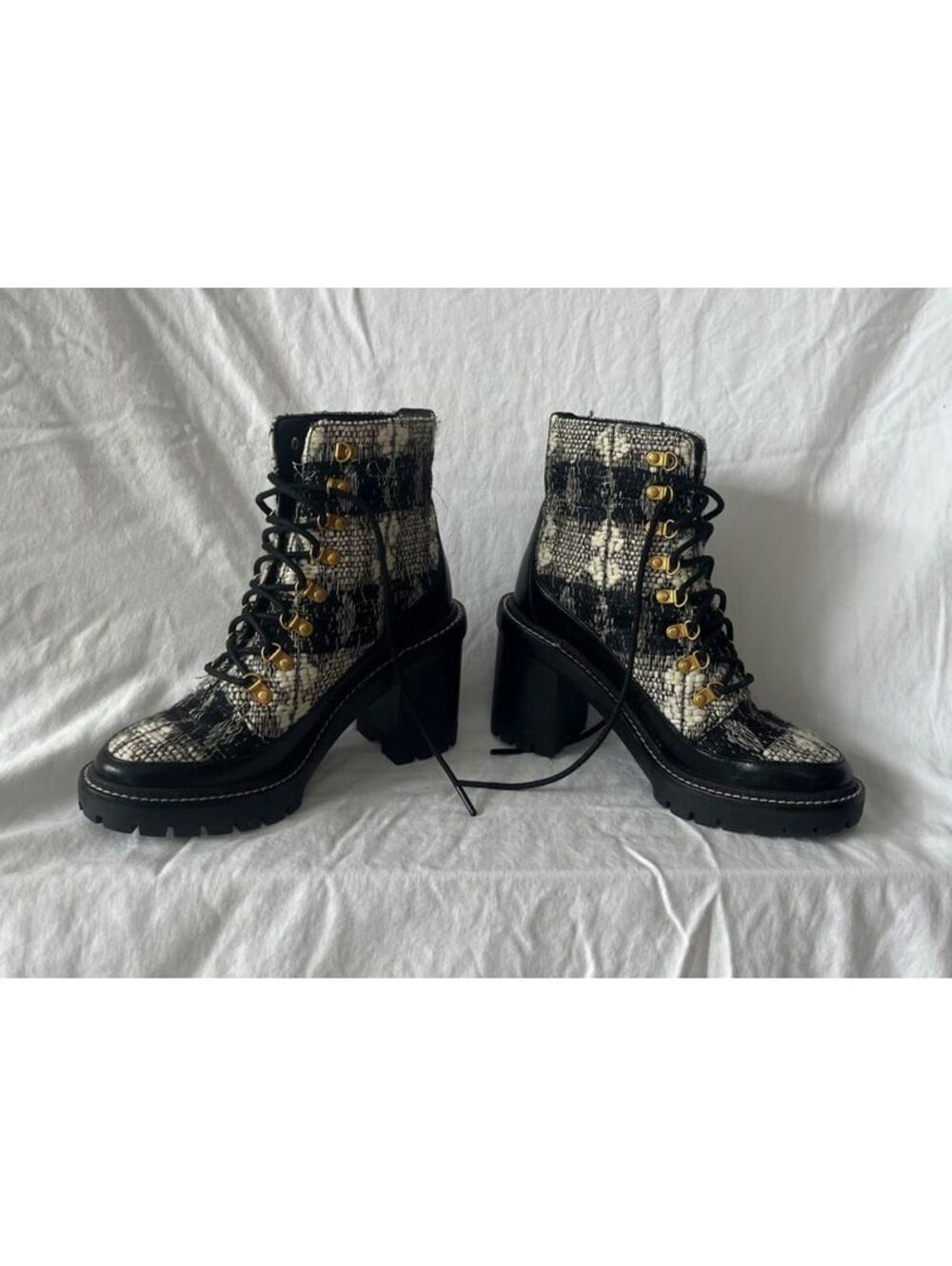 Tory Burch Black and White Tweed Lace-Up Chunky Heel Ankle Boots Size 7